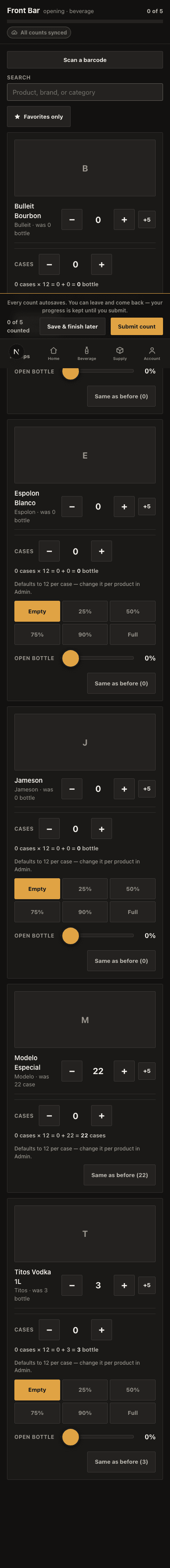 PourAudit mobile count screen screenshot